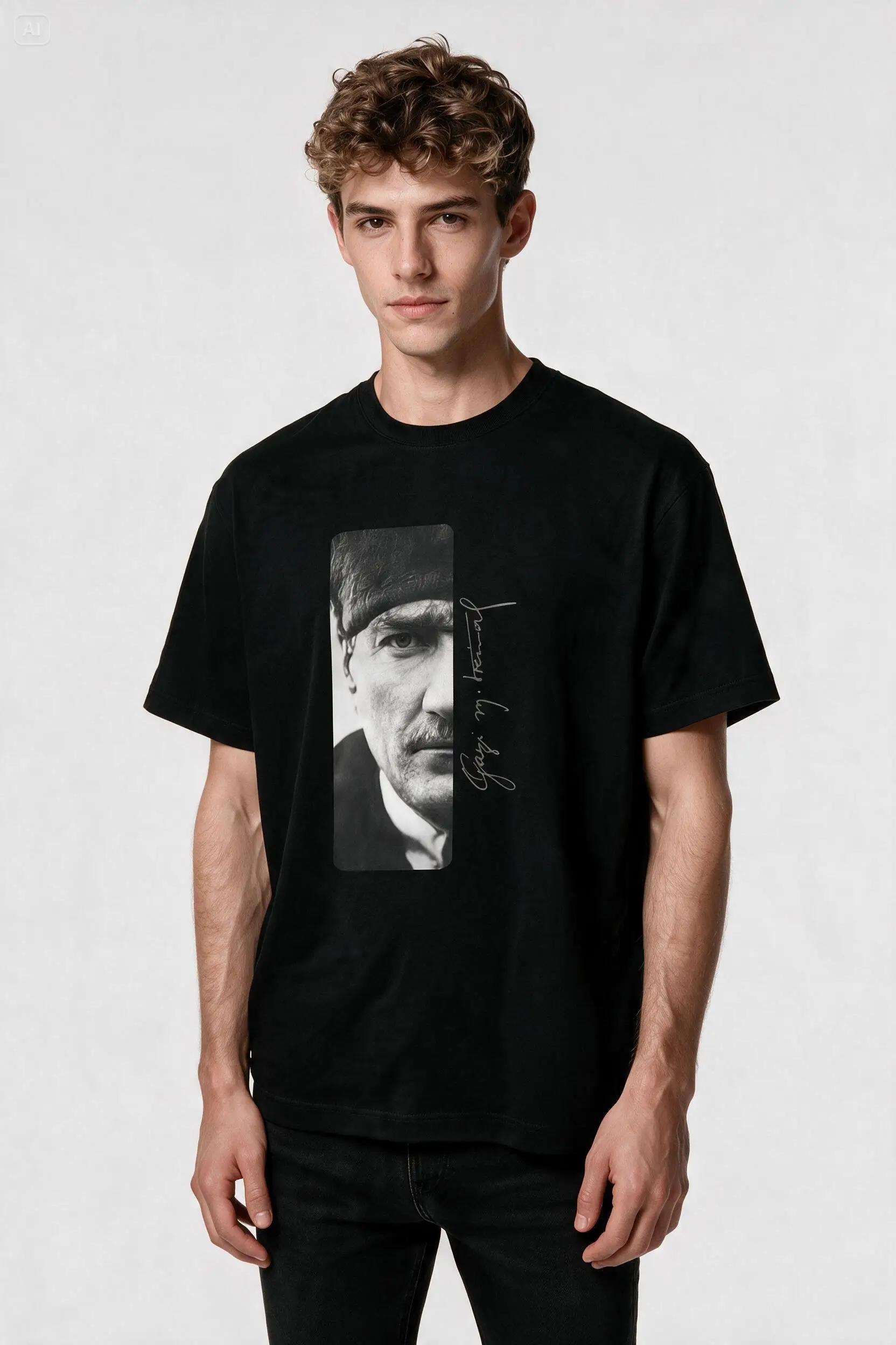 Oversize Gazi Mustafa Kemal Atatürk İmzalı Baskılı Tişört - Geniş Kesim
