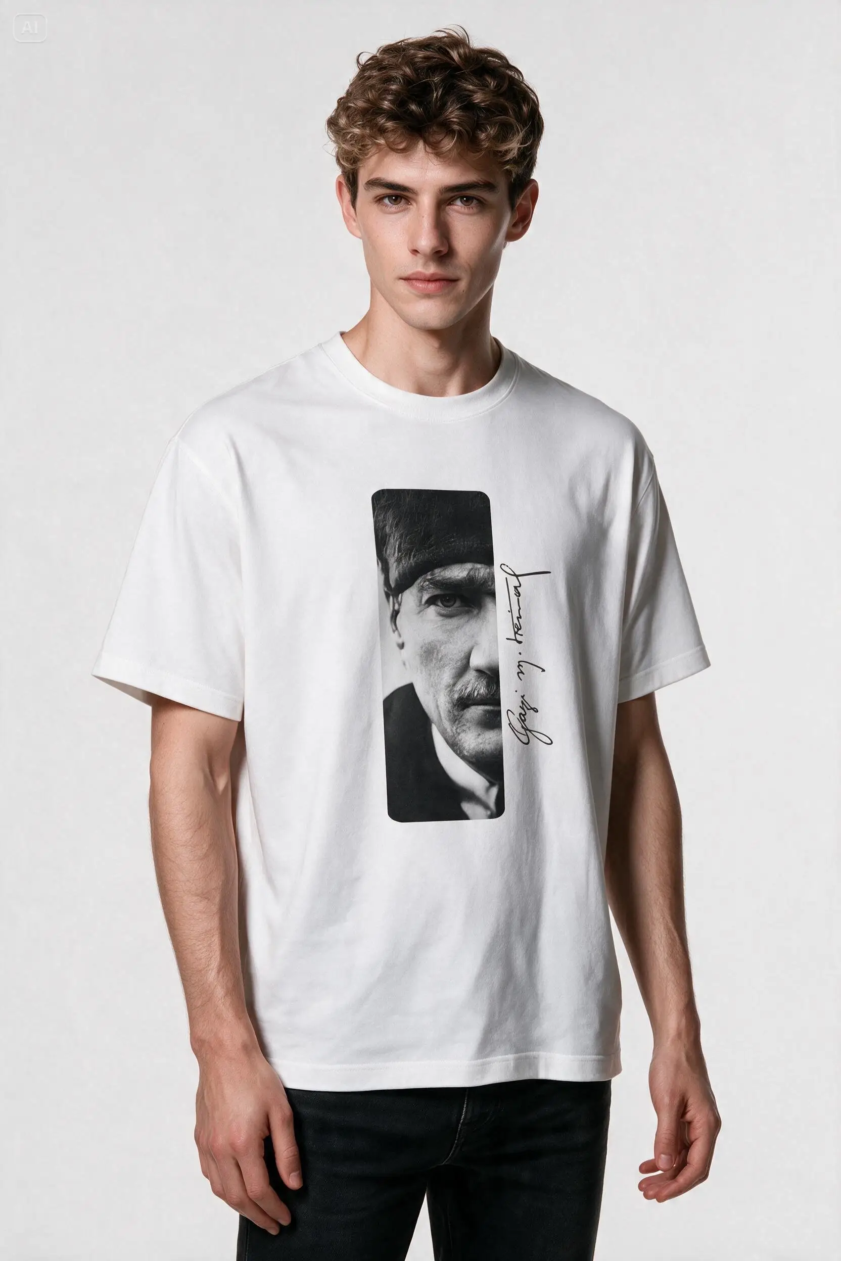 Oversize Gazi Mustafa Kemal Atatürk İmzalı Baskılı Tişört - Geniş Kesim - Beyaz