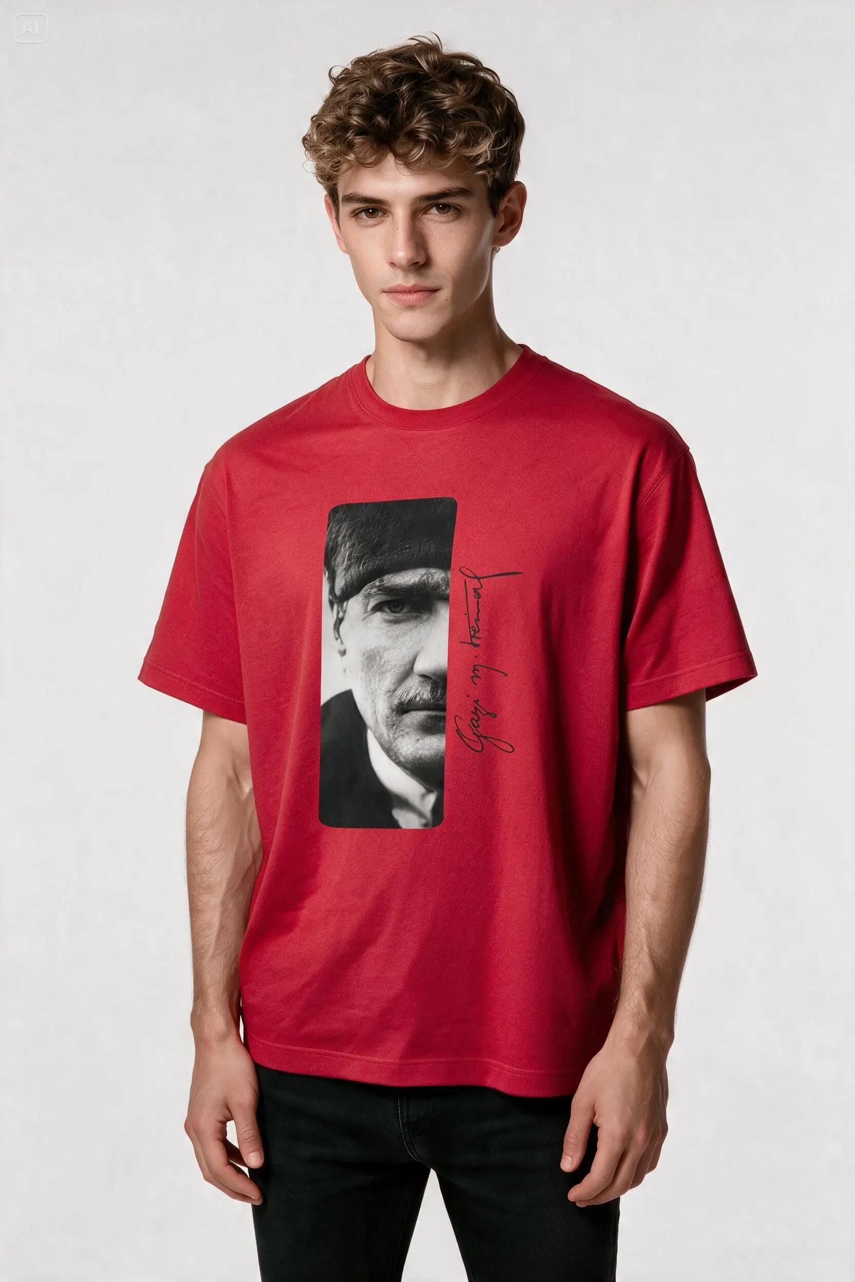 Oversize Gazi Mustafa Kemal Atatürk İmzalı Baskılı Tişört - Geniş Kesim - Kırmızı
