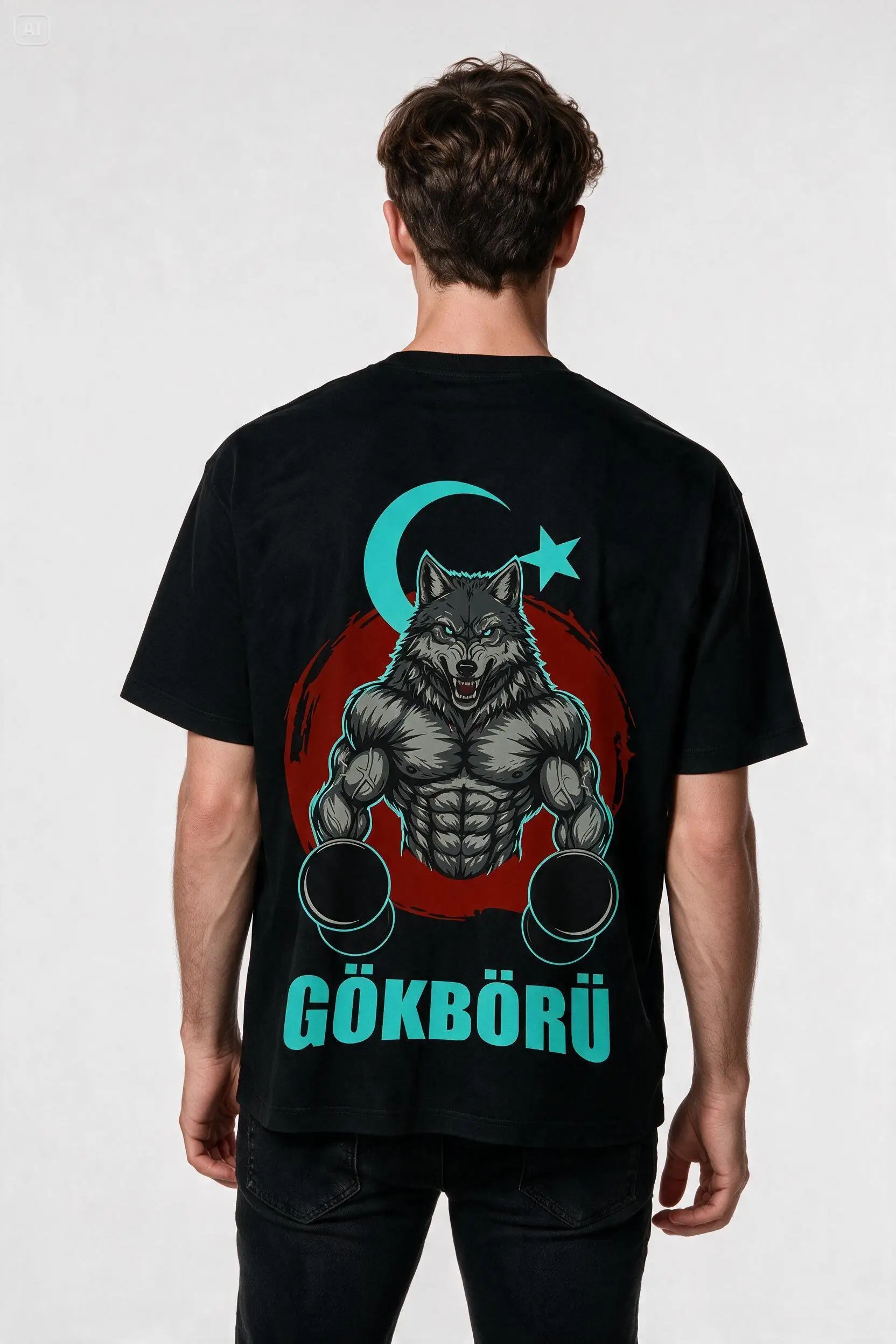 Oversize Gökbörü Ay Yıldızlı Bozkurt Baskılı GYM Fitness Tişört - Büyük Baskı - Geniş Kesim