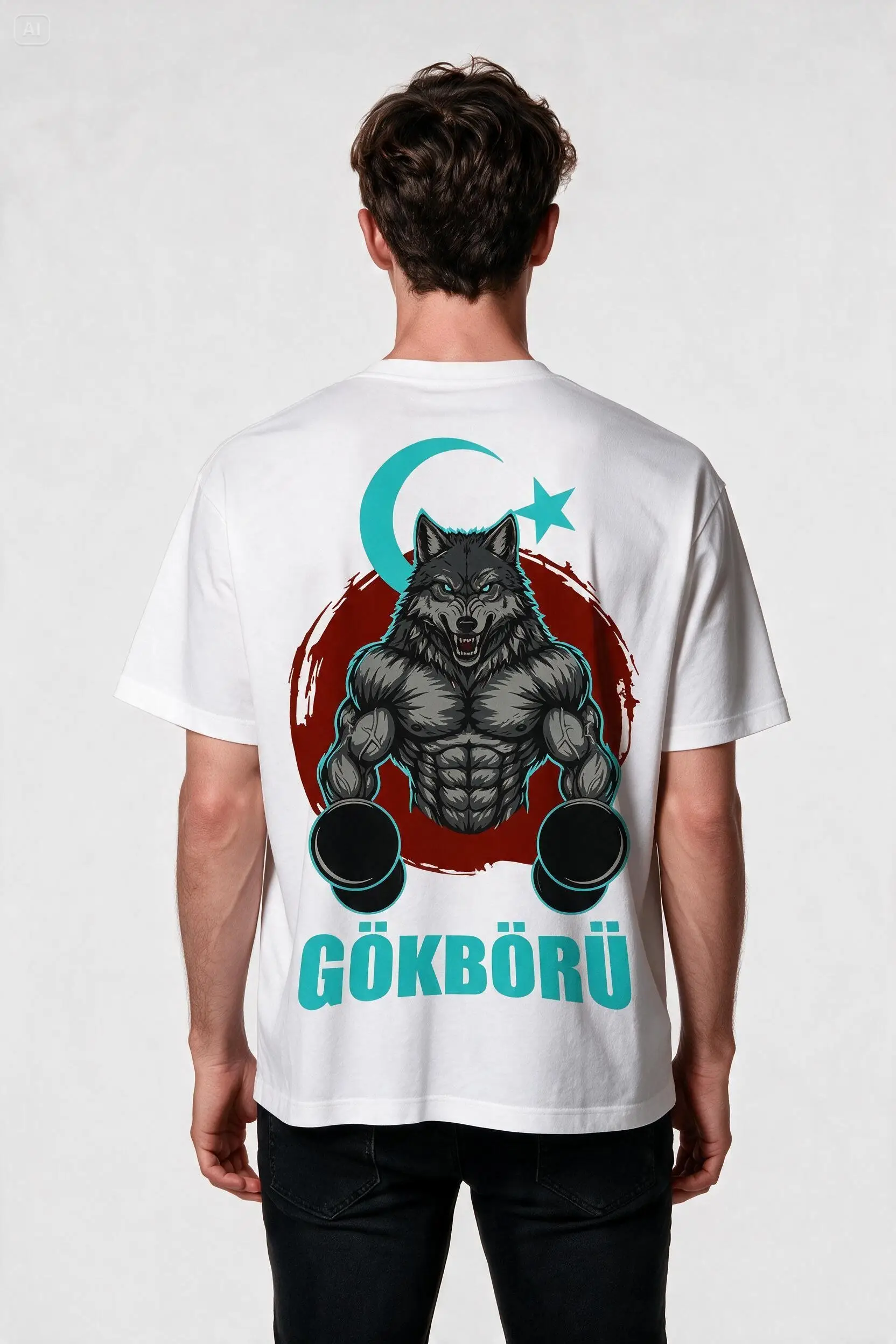 Oversize Gökbörü Ay Yıldızlı Bozkurt Baskılı GYM Fitness Tişört - Büyük Baskı - Geniş Kesim - Beyaz