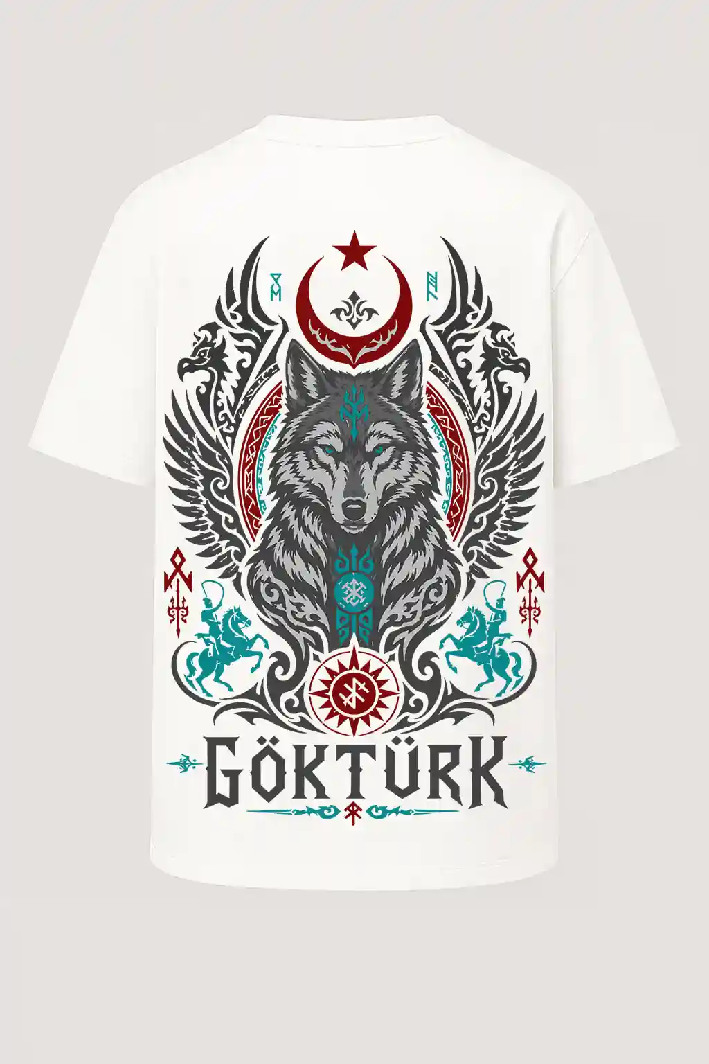 Oversize Gökbörü Muhafızı - Göktürk Yazılı Bozkurt Baskılı Tişört - Ön Arka Büyük Baskı - Geniş Kesim - Beyaz