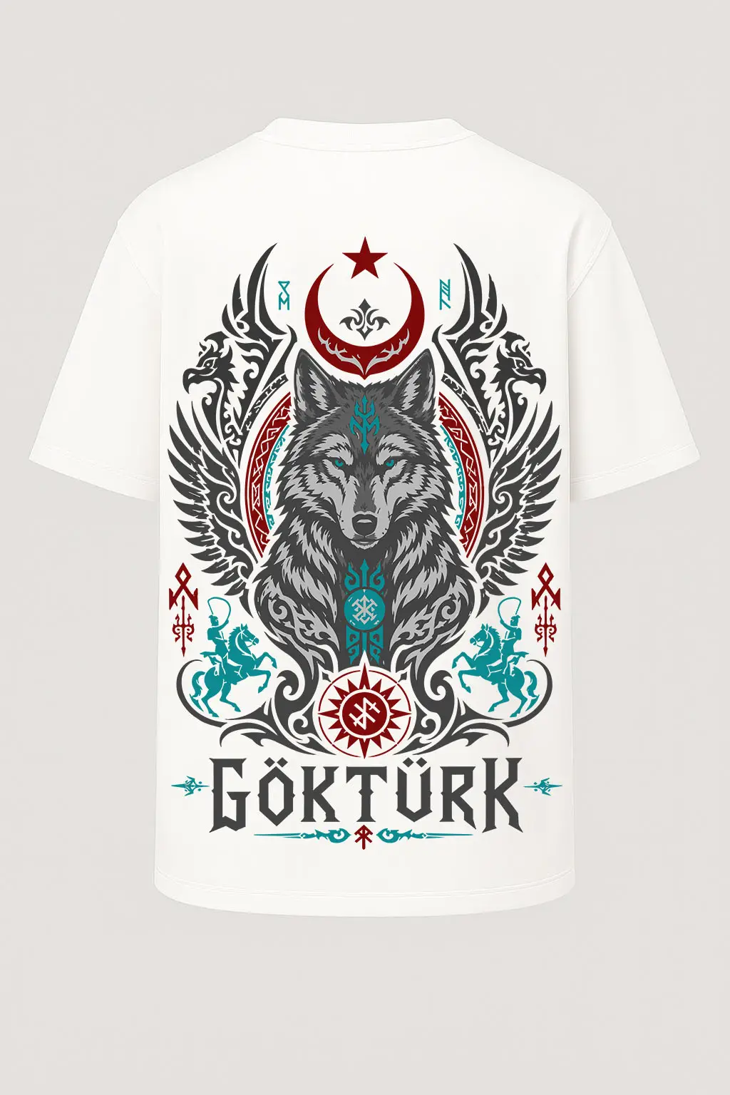 Oversize Gökbörü Muhafızı - Göktürk Yazılı Bozkurt Baskılı Tişört - Ön Arka Büyük Baskı - Geniş Kesim