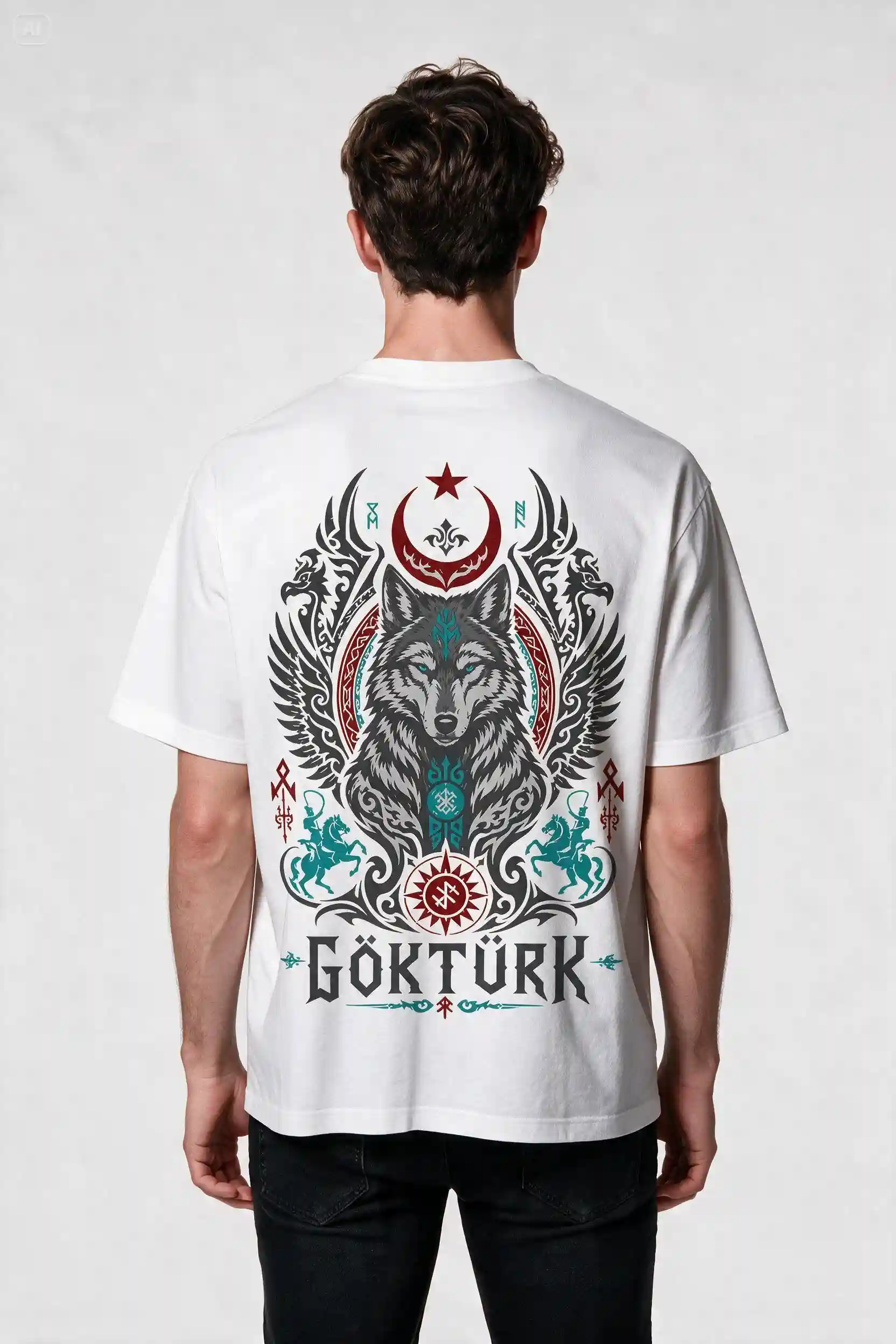 Oversize Gökbörü Muhafızı - Göktürk Yazılı Bozkurt Baskılı Tişört - Ön Arka Büyük Baskı - Geniş Kesim - Beyaz