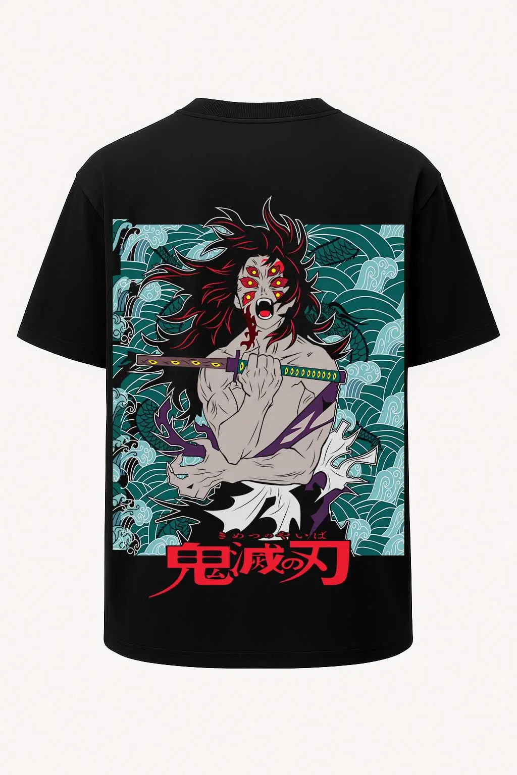 Oversize Kokushibo Altı Gözlü Demon Slayer Baskılı Tişört - Büyük Baskı - Geniş Kesim - Siyah