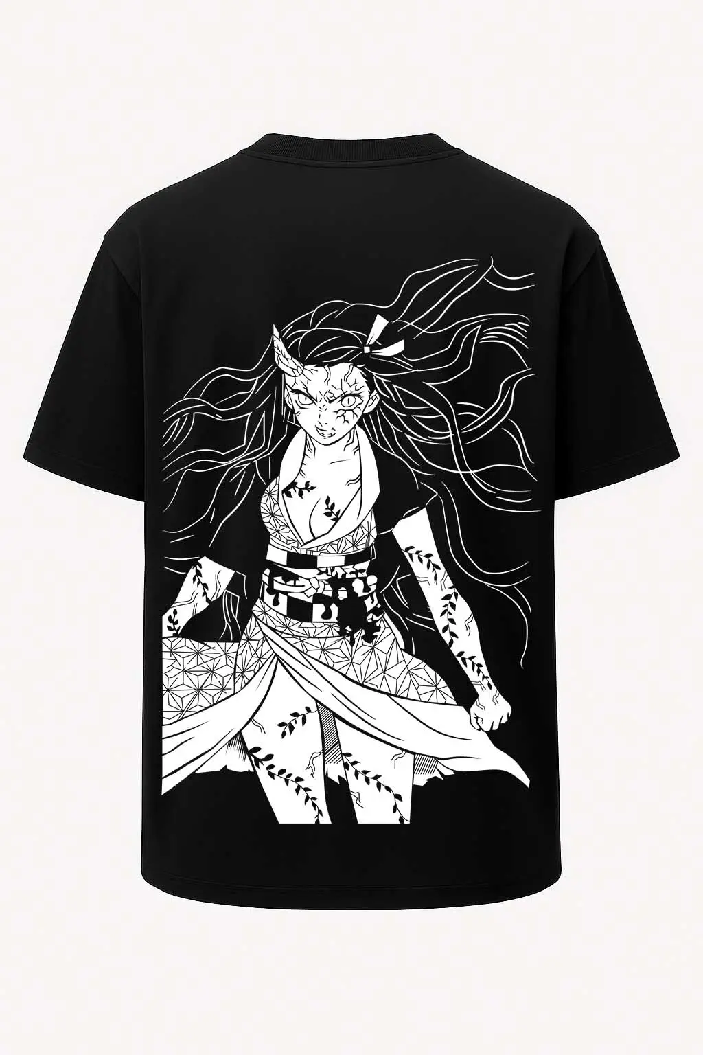 Oversize Nezuko Beyaz Çizgi Kimetsu no Yaiba Baskılı Tişört - Büyük Baskı - Geniş Kesim