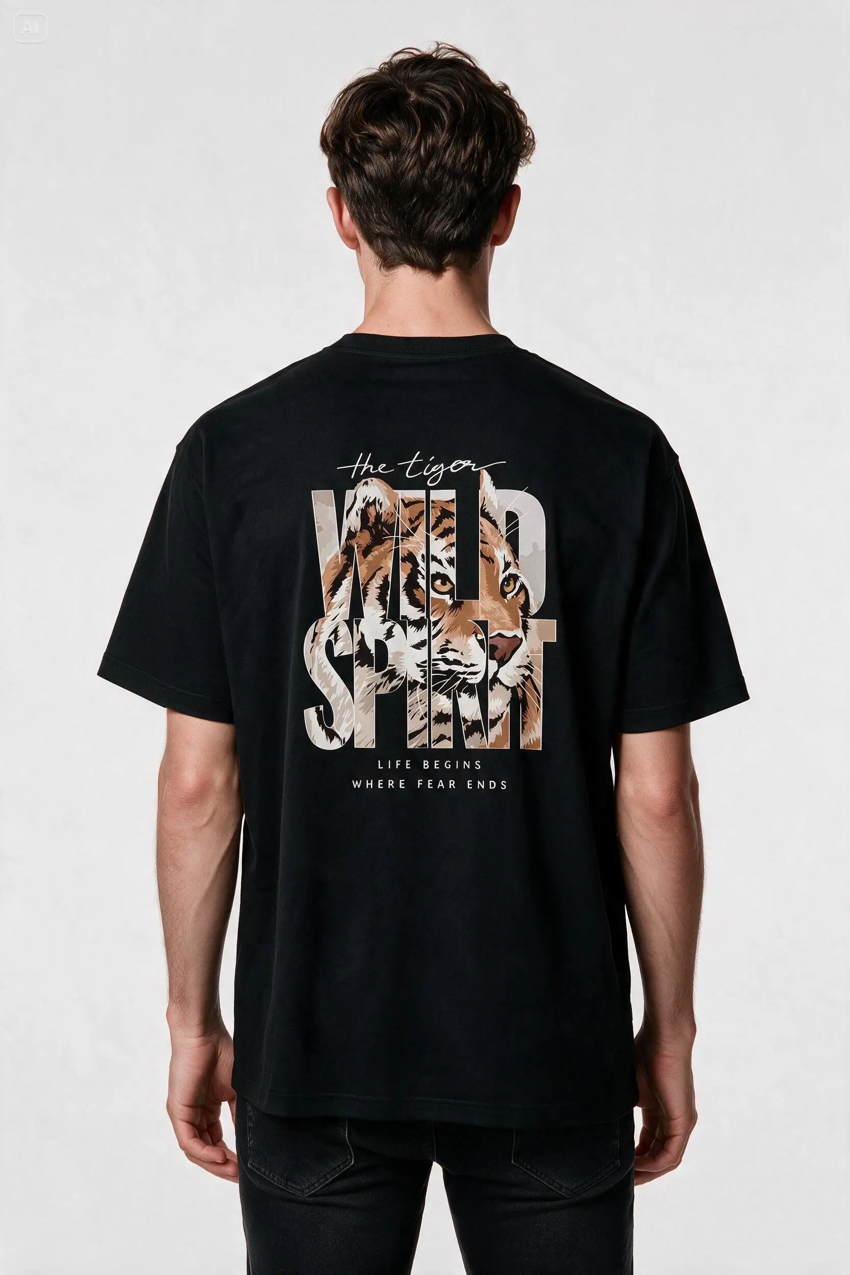 Oversize The Tiger Wild Spirit Kaplan Baskılı Unisex Tişört Siyah
