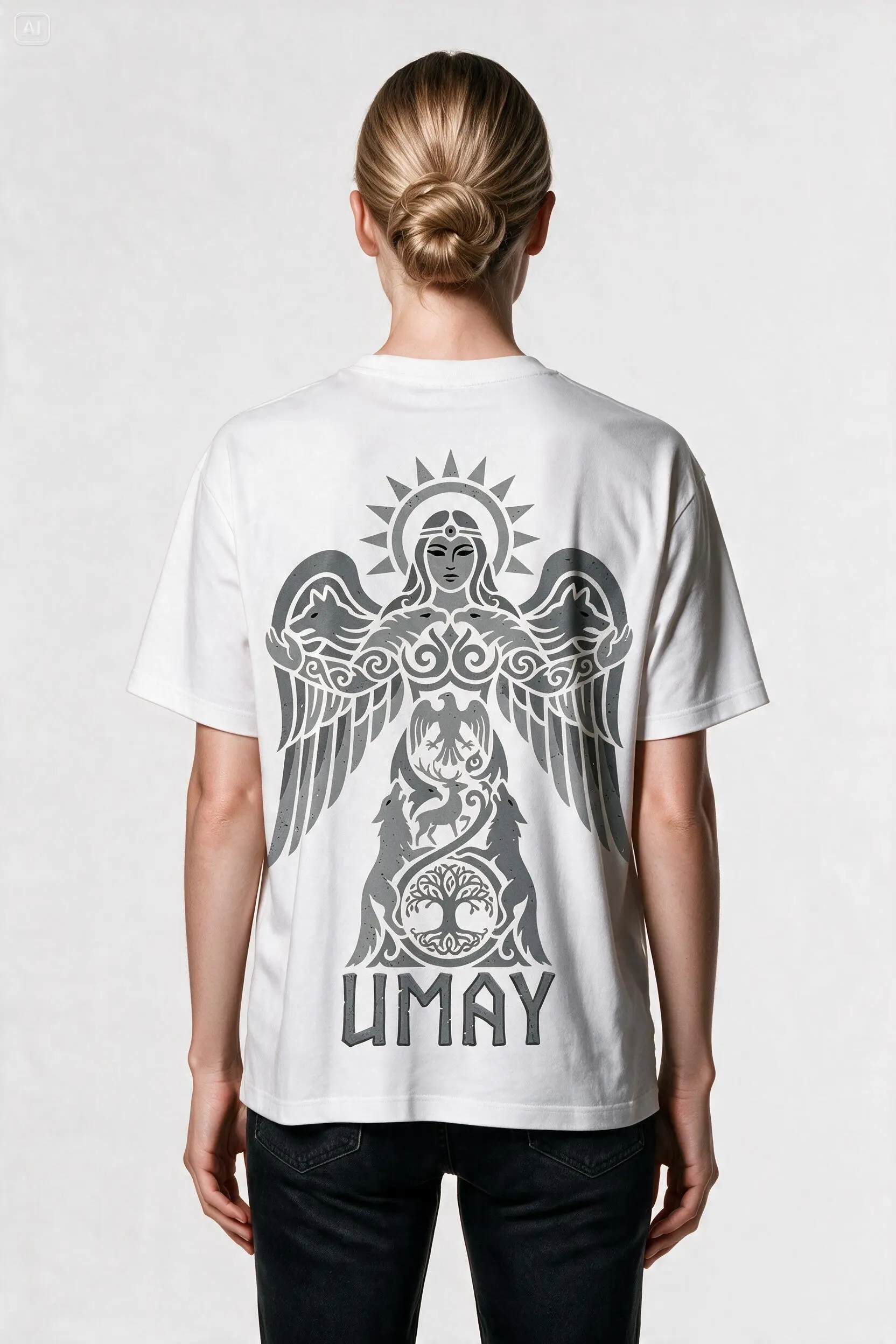 Oversize Umay Ana - Türk Mitolojisi Türk Sembolleri Baskılı Tişört - Büyük Baskı - Geniş Kesim - Beyaz