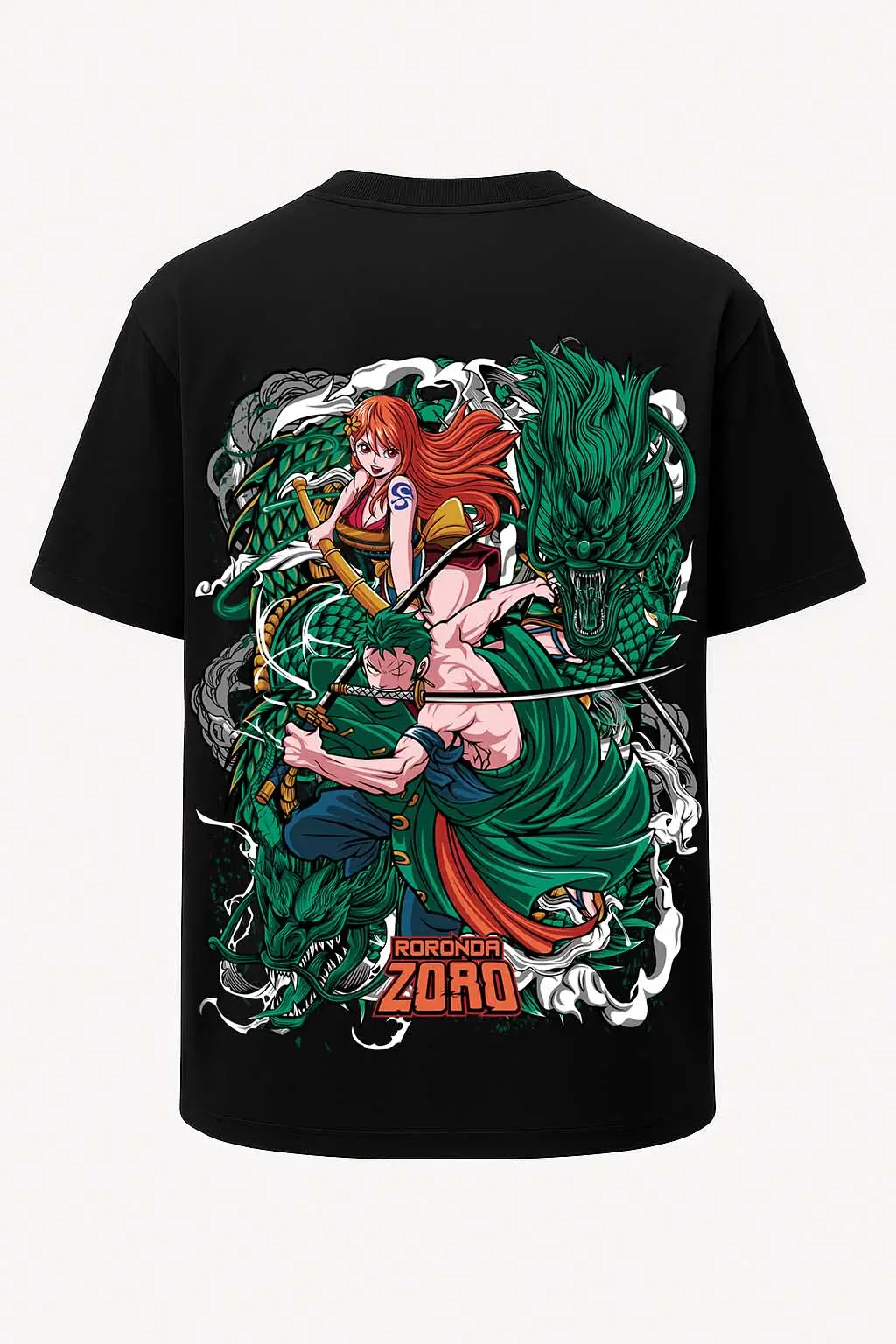 Oversize Zoro ve Nami Ejderha One Piece Baskılı Tişört - Büyük Baskı - Geniş Kesim